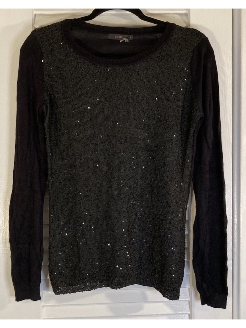 THML Black Sequin-Front Crew Sweater
